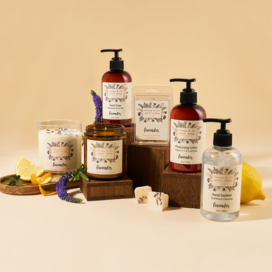 Collection of lavender-themed skincare and wellness products on a beige background