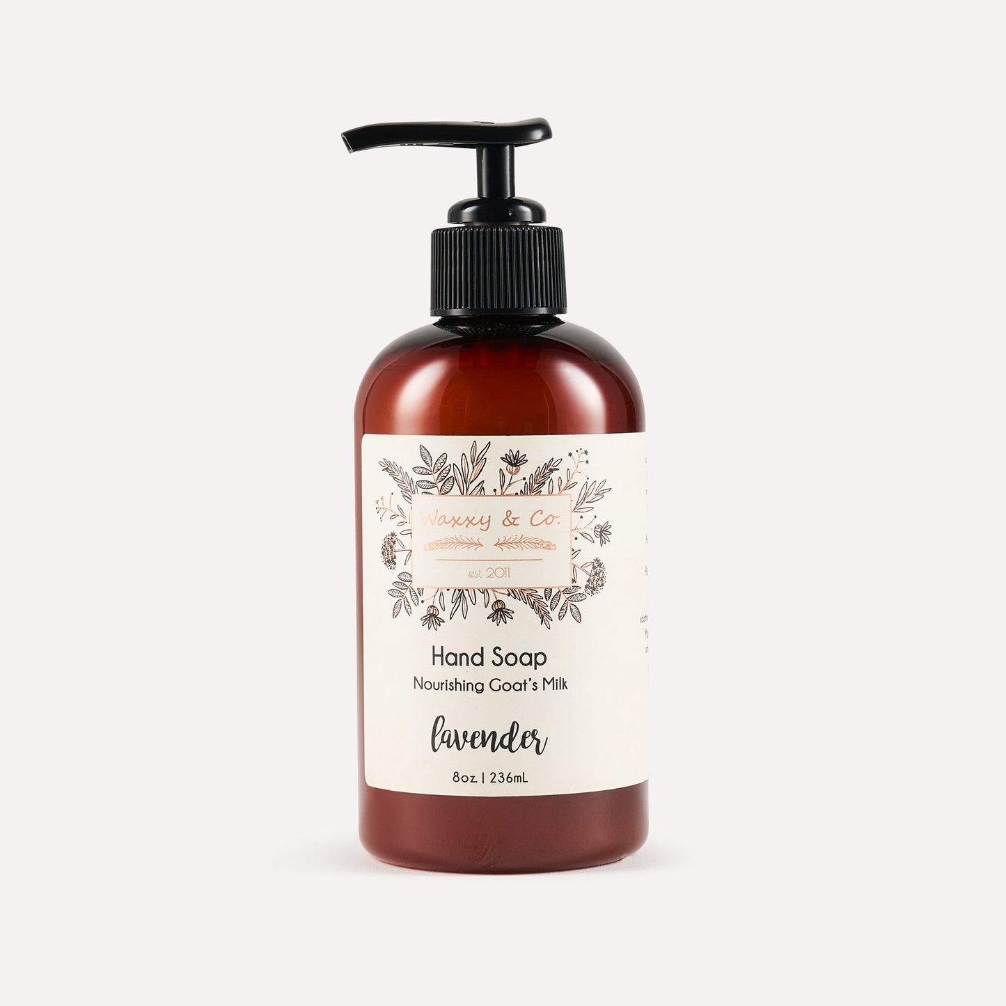 Hand soap bottle with pump dispenser on a white background